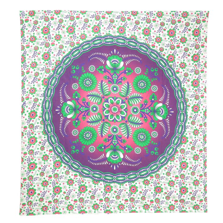 HomeRoots 88" X 84" Green Purple And White Floral Cotton Hanging Tapestry