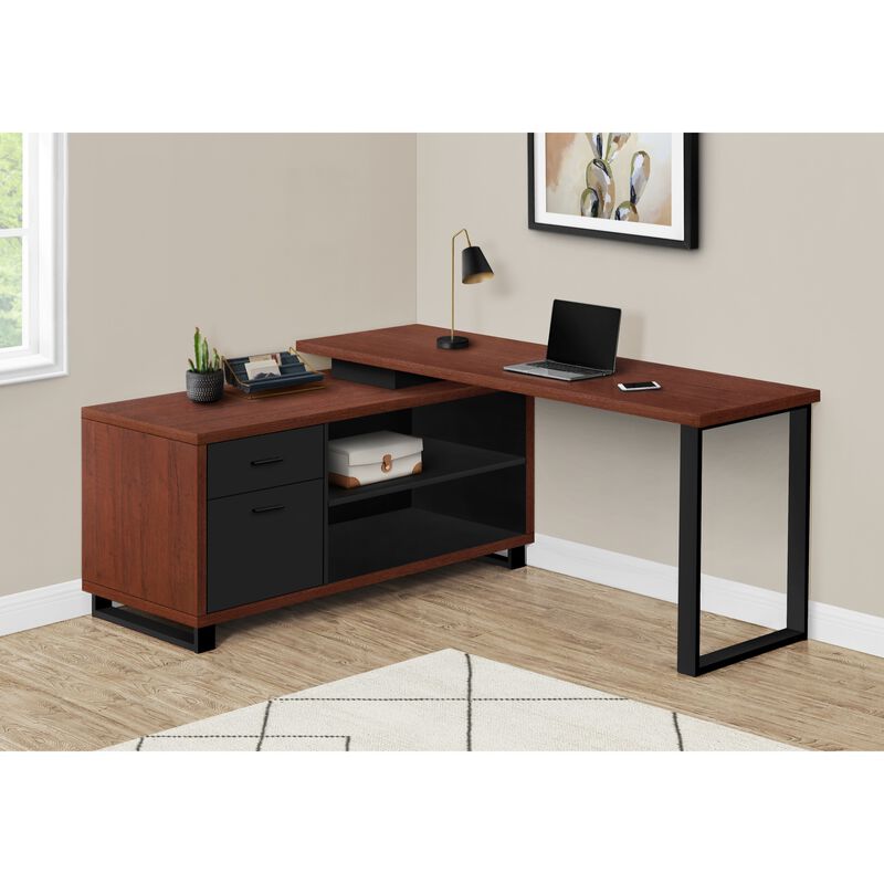 Computer Desk, Home Office, Corner, Storage Drawers, 72"L, L Shape, Work, Laptop, Metal, Laminate, Brown, Black, Contemporary, Modern