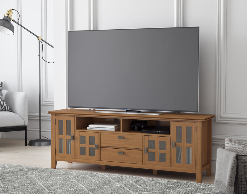 Artisan SOLID WOOD 72 inch Wide Transitional TV Media Stand in Honey Brown For TVs up to 80 inches
