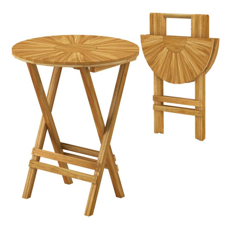 Hivvago Patio Folding Side Table Teak Wood Round End Table with Slatted Tabletop and X-Shaped Frame