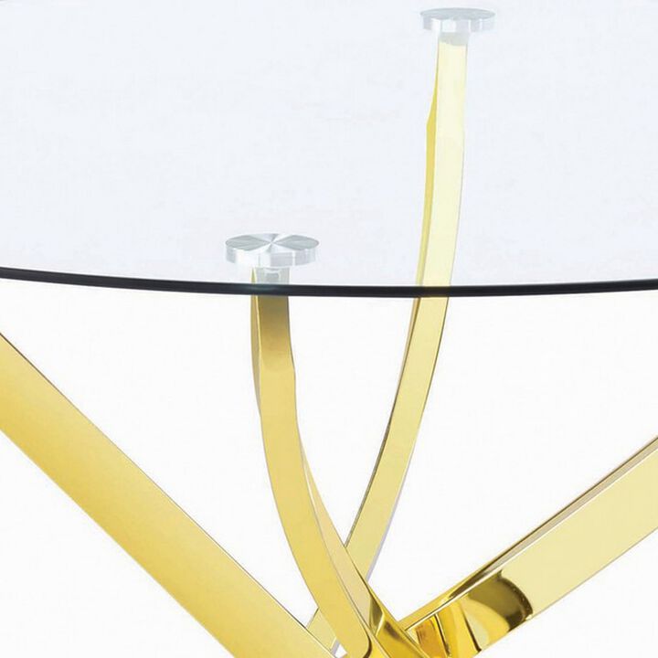 Dining Table with Glass Top and Curved Design Metal Base, Gold-Benzara