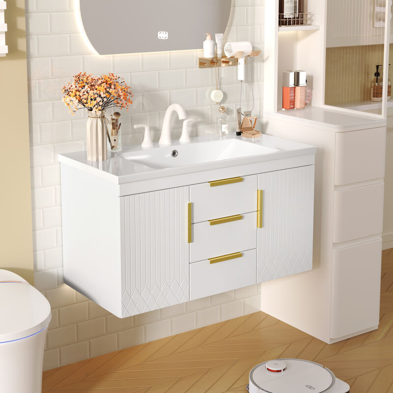 ELEMENT ACE Wall Mounted Floating Bathroom Vanity with Storage Cabinet and Two Drawers image number 3
