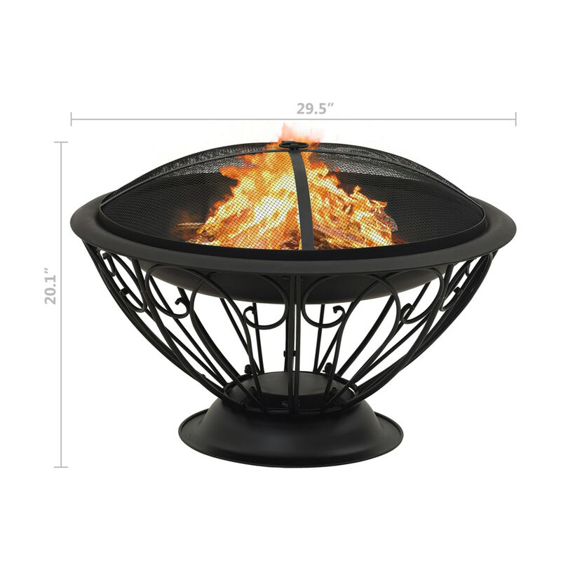 Outdoor Fire Pit with Poker and Mesh Cover, 30 Inch Black Steel Frame - Benzara