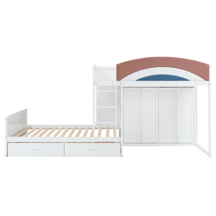 Whisen 136" Full Size Offset Bunk Bed with Wardrobe & 2 Drawers, Upholstered Guardrail, MDF Plywood Space Saving Loft Bed for Kids Bedroom