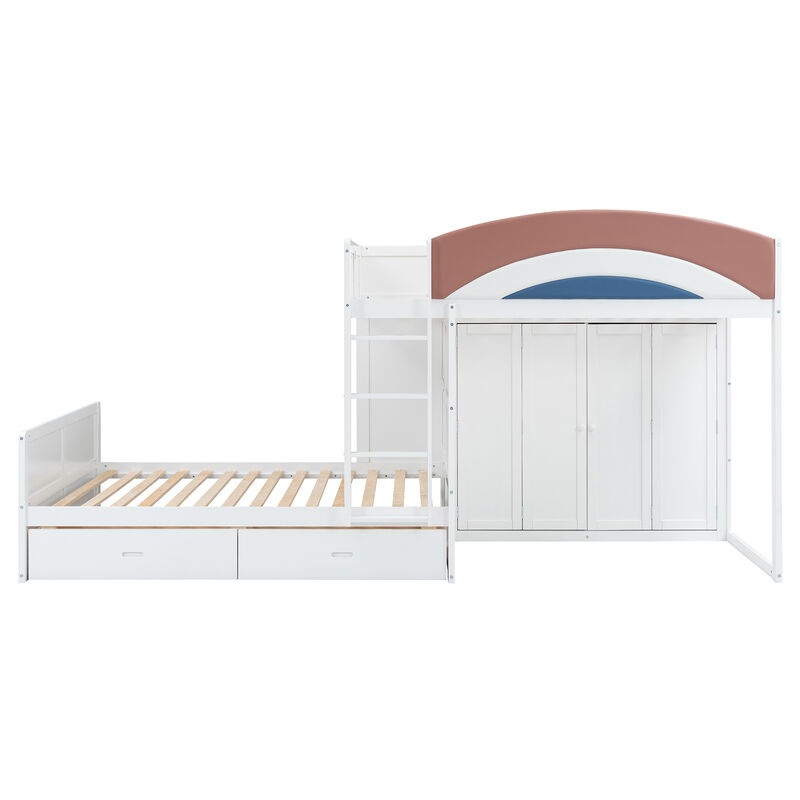 Whisen 136" Full Size Offset Bunk Bed with Wardrobe & 2 Drawers, Upholstered Guardrail, MDF Plywood Space Saving Loft Bed for Kids Bedroom image number 0