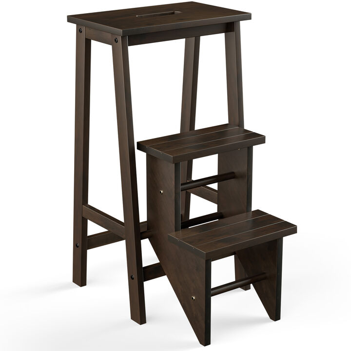 Rubber Wood Folding Ladder Step Stool with 3 Storage Tiers