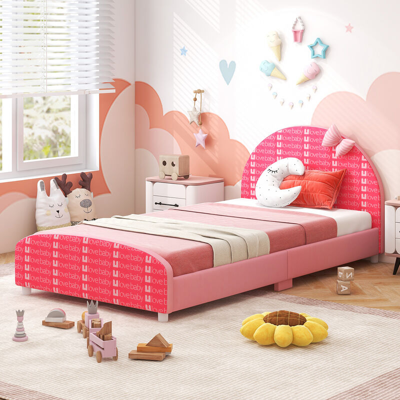 Platform Style Upholstered Kids Bed Frame with Slat Support for Bedroom