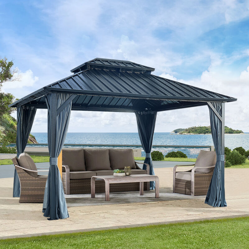12x12ft Gazebo Double Roof Canopy with Netting and Curtains, Outdoor Gazebo 2Tier Hardtop Galvanized Iron Aluminum Frame Garden Tent for Patio, Backyard, Deck and Lawns