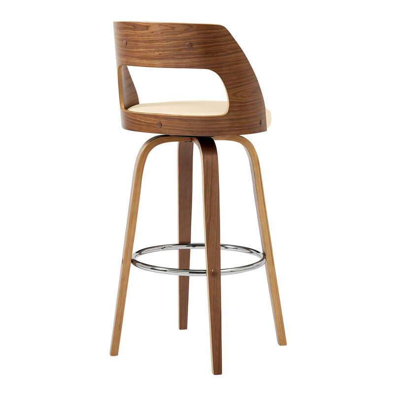 Axel Swivel Bar Stool in Brown Faux Leather and Walnut Wood
