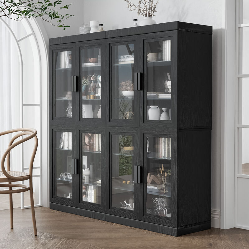 62" High Black Glass Door Wood Grain Decorative Storage Cabinet Display Cabinet, with Sufficient Space for 12 Shelves image number 2