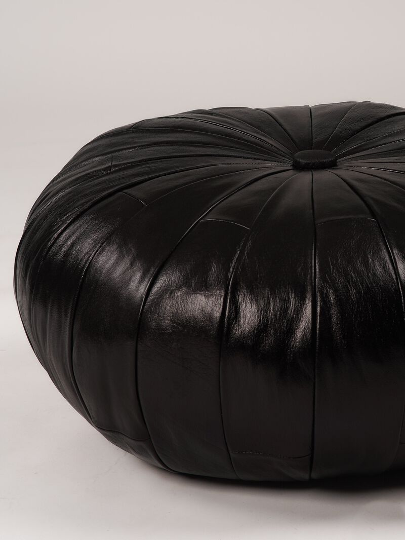 Handmade Eco-Friendly Solid Leather Black Round Pouf 24"x24"x18" From BBH Homes