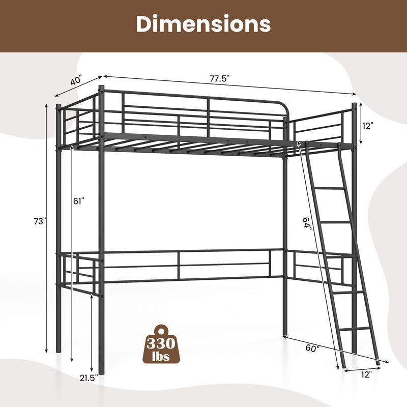 Loft Bed Metal Bed Frame with Ladder and Guardrails