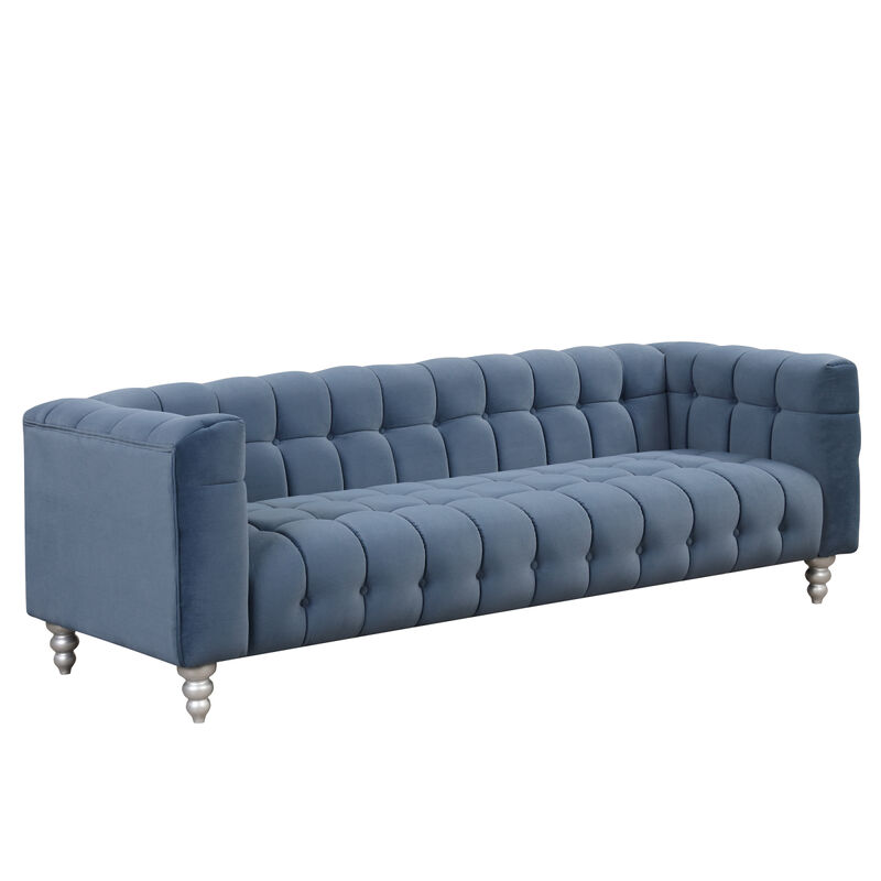 89" Modern Sofa Dutch Fluff Upholstered sofa with solid wood legs, buttoned tufted backrest, blue