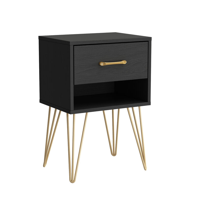 Nightstand with Drawer & Shelf, Industrial Style, Gold Metal Legs, End Table Black (15.7”W x 11.8”D x 23.6”H)
