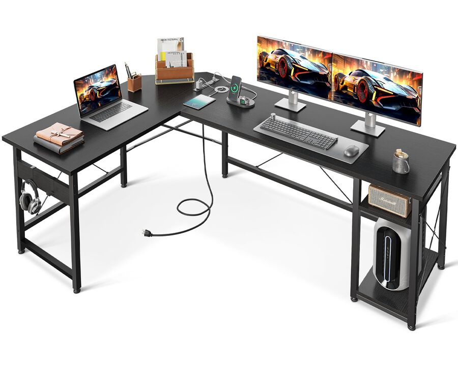 Coleshome L Shaped Computer Desk 66 with Power Outlet & Storage Shelves, Corner Sturdy Writing Desk Workstation, Modern Wooden