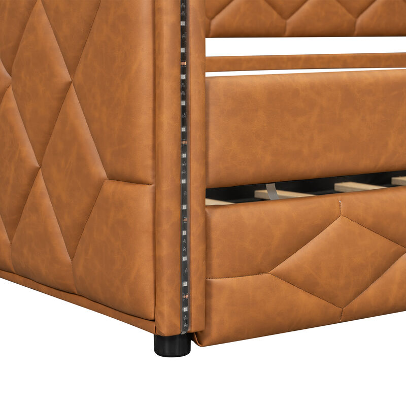 Merax Full XL Size Brown Upholstered Daybed with Trundle & LED Armrests
