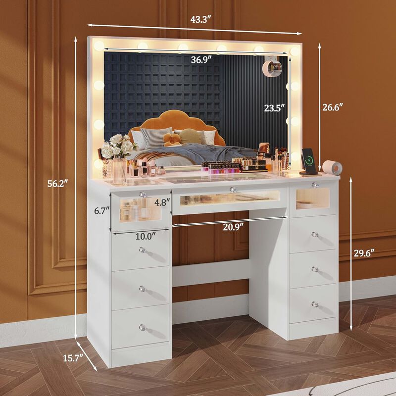 DIYSET 9-Drawers Makeup Vanity with Lighted Mirror, Tempered Glass Top Vanity Desk with 3 Colors LED Lights, Charging Station, Big Vanity Table Set image number 2