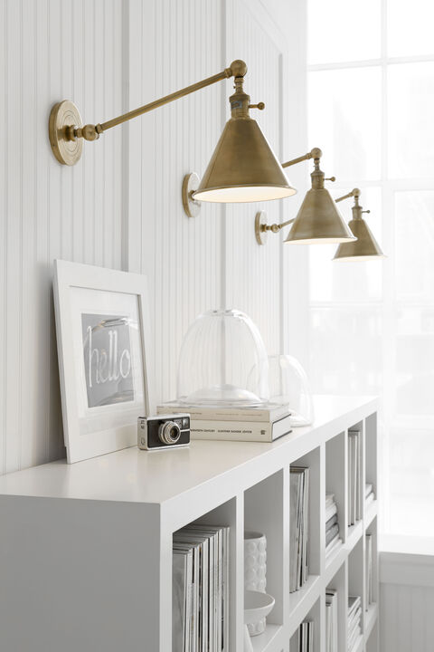 Boston Functional Single Arm Library Light in Antique Brass