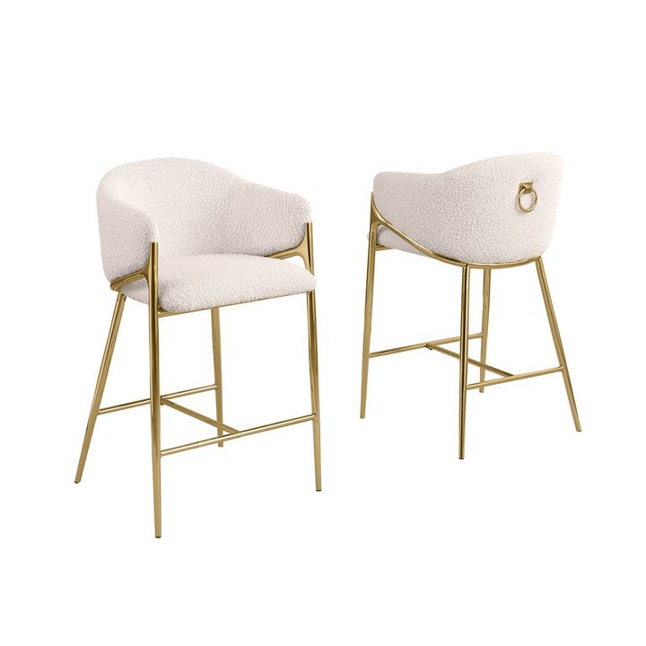 Best Quality Furniture Cream Barstools (30) In Boucle Fabric And Gold Chrome Base (Set Of 2)