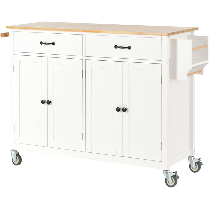 Kitchen Island Cart with Solid Wood Top and Locking Wheels, 54.3 Inch Width, 4 Door Cabinet and Two Drawers, Spice Rack, Towel Rack (White)