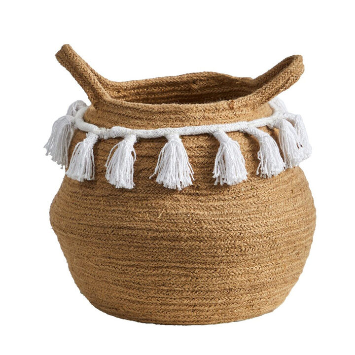 Nearly Natural 11-in Boho Chic Handmade Cotton Woven Basket with Tassels