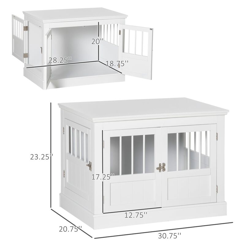 White Pet Haven: Wooden Dog Crate End Table with Triple Doors image number 2