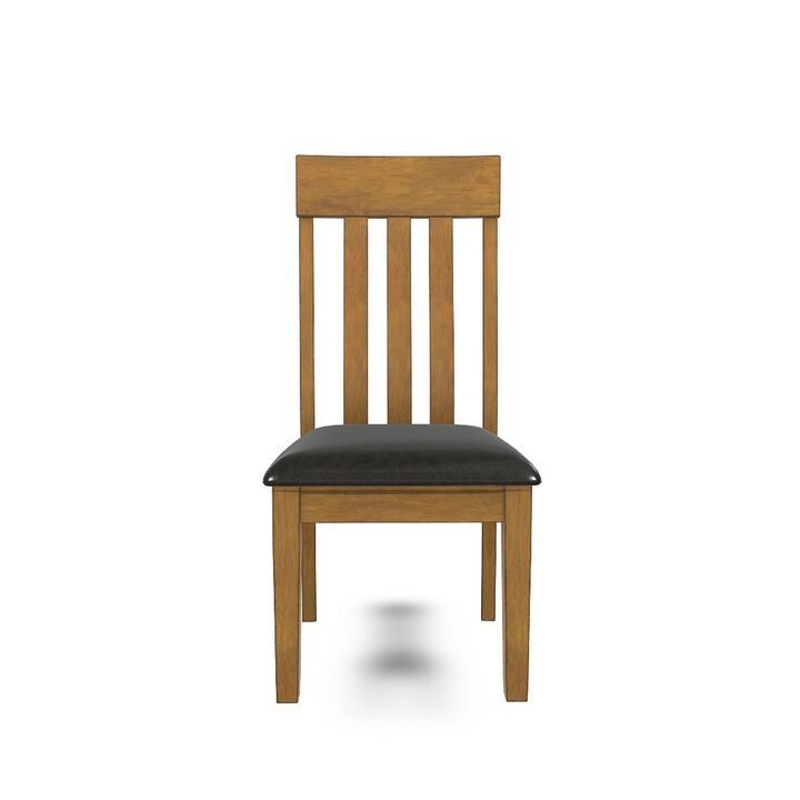 Raly Dining Side Chair Set of 2, Brown Faux Leather Seat, Slated Back - Benzara