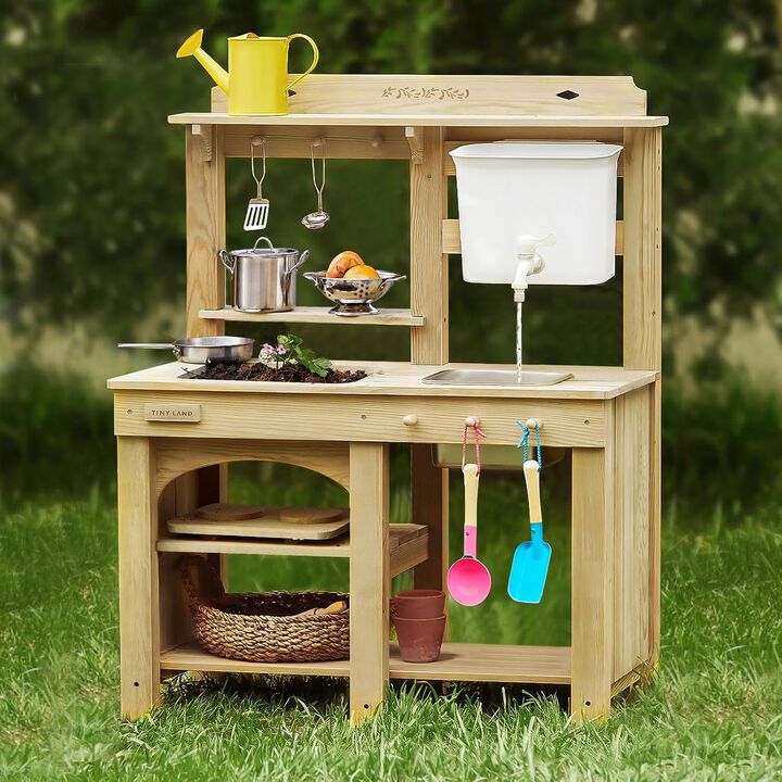 Outdoor Mud Kitchen - Wooden Water Play Kitchen, 12mm Thick Weather-Resistant Wood, 4L Water Tank & Sink, Modular Stove/Sensory Table, Large Storage