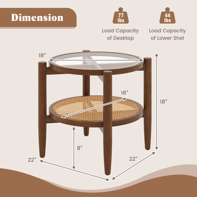 Rattan Round Side End Table with Tempered Glass Tabletop