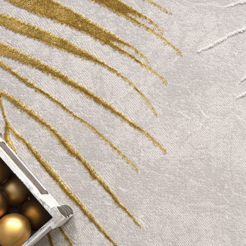 Modern Rug with Textured Palm Leaves in Cream Gold