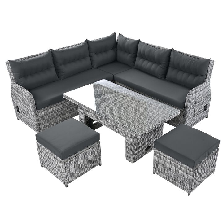 Mondawe 5-Pcs Outdoor Sofa Set,Adjustable Recliners & Adjustable Glass Table,Weatherproof Patio Sofa
