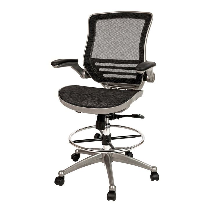 Flash Furniture Mid-Back Black Mesh Drafting Chair with Graphite Silver Frame and Flip-Up Arms