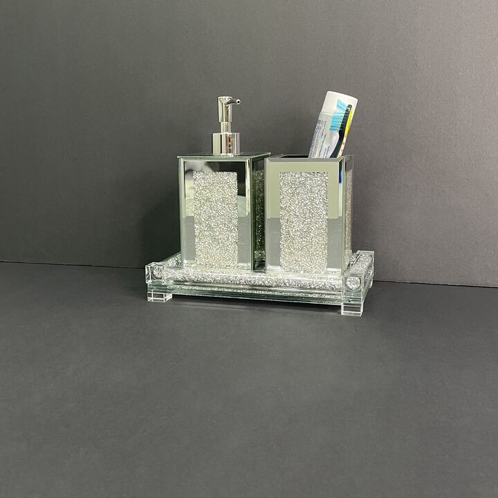 Exquisite 3 Piece Square Soap Dispenser and Toothbrush Holder with Tray