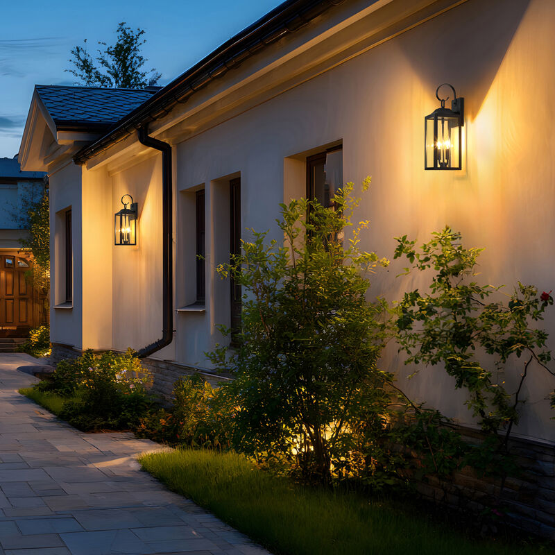 19 in. Modern Farmhouse Black 2-Light Dimmable Outdoor Wall Lantern with Clear Glass Shade(Set of 2) image number 2