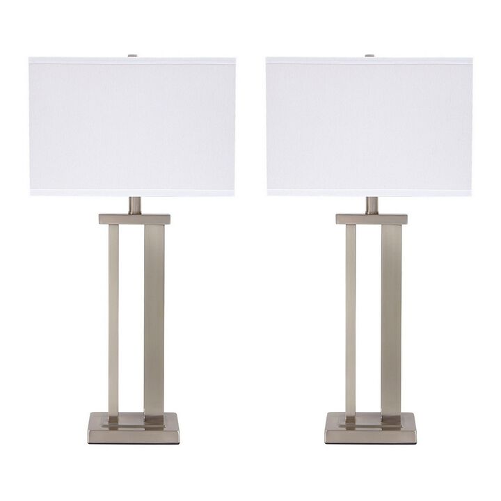Metal Frame Table Lamp with Hardback Shade, Set of 2, White and Silver - Benzara