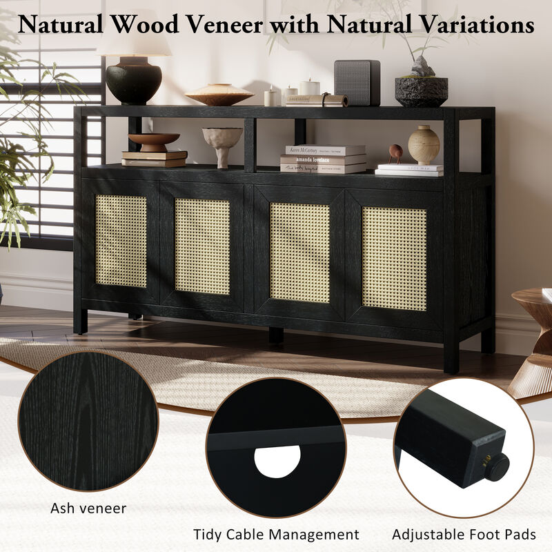 Merax Bohemian Style Rattan Buffet Storage Cabinet with Solid Wood Frame