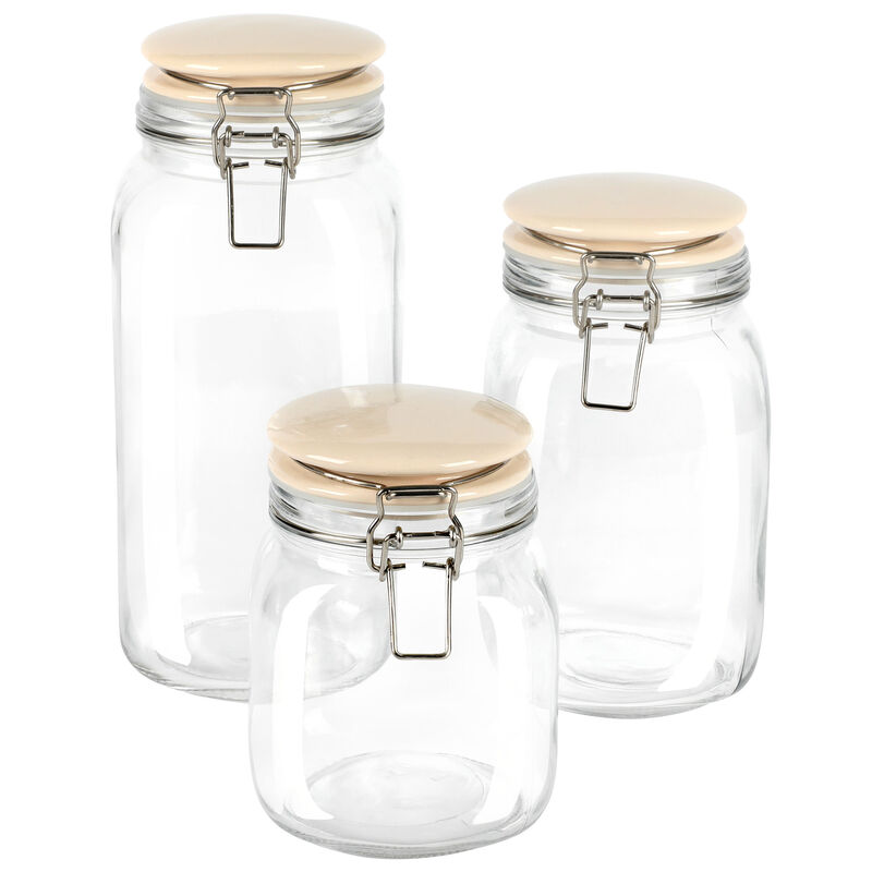 Martha Stewart Rindleton 3 Piece Glass Canister Set with Ceramic Lids in Off-White
