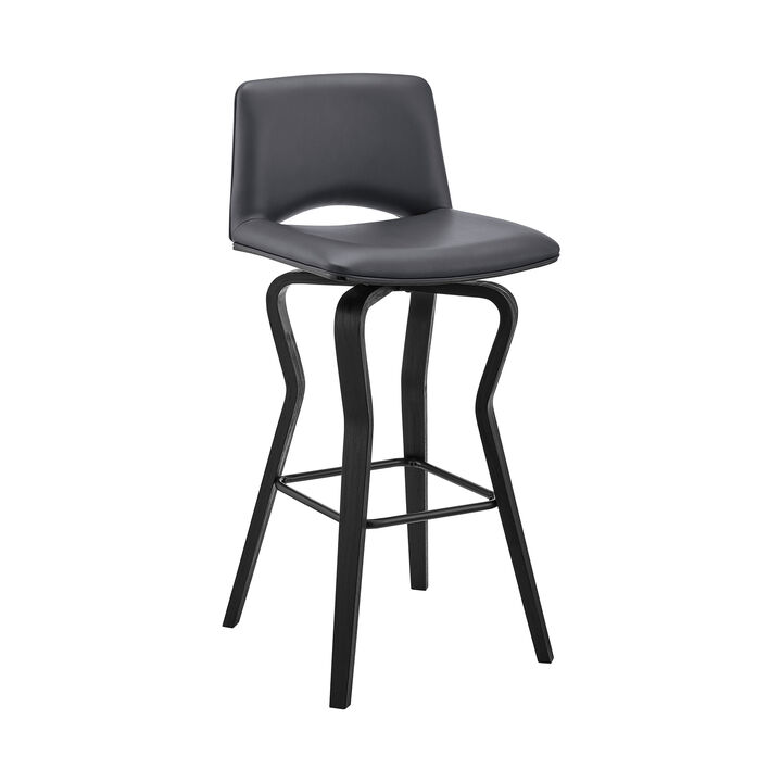 Gerty  Swivel Grey Faux Leather and Black Wood Bar Stool
