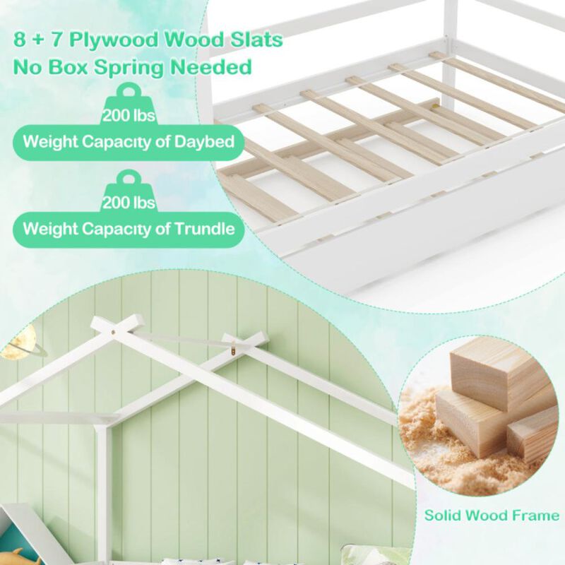 Hivvago Kids Twin Size House Bed with Trundle and Roof