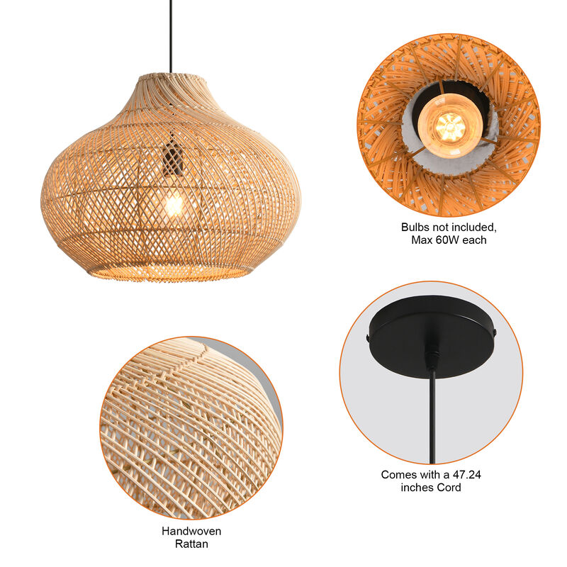 14" Farmhouse Natural Handwoven Rattan Caged Pendant Light for Living Room, Dining Room and Kitchen Island image number 8