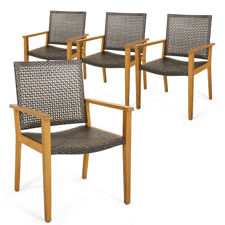 Set of 4 Outdoor Rattan Chair with Sturdy Acacia Wood Frame-Set of 4