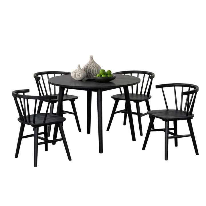 Yely 5pc Dining Table with 4 Windsor Chairs Set, Black Rubberwood