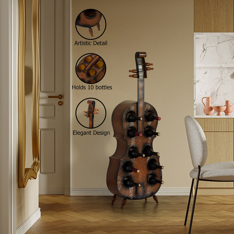 Vintiquewise Cello-Shaped Wine Holder 10-Bottle Freestanding Metal Rack Vintage Decorative Storage Organizer Musical Ornament Display Stand for Dining Room Kitchen Home Bar KTV and Entertainment Areas