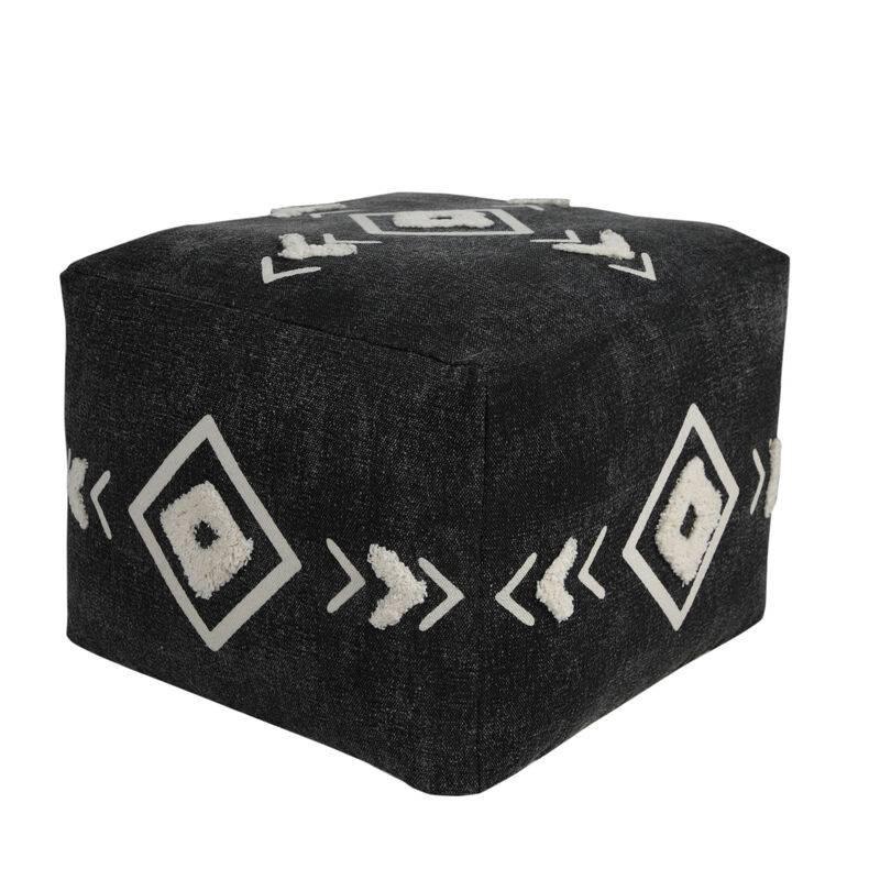 Hivvago 18 Inch Black Cotton Geometric Pouf Ottoman