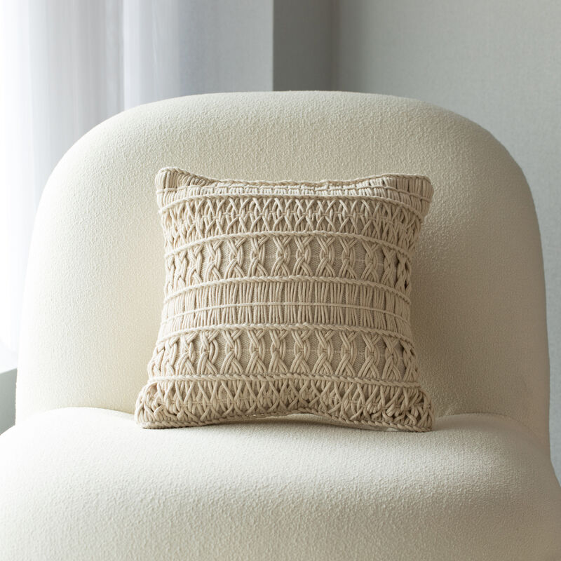 16" Handwoven Cotton Throw Pillow Cover with Layered Random String Pattern, Natural