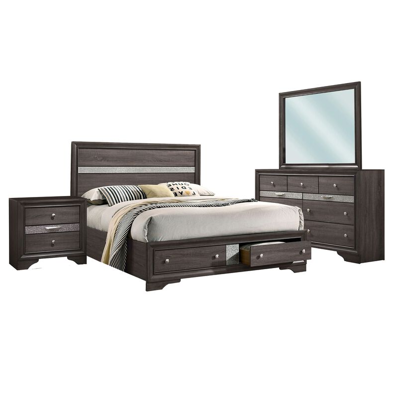 Isy Four Piece King Size Bedroom Set, Silver Accent Knobs, Contemporary Gray - Benzara