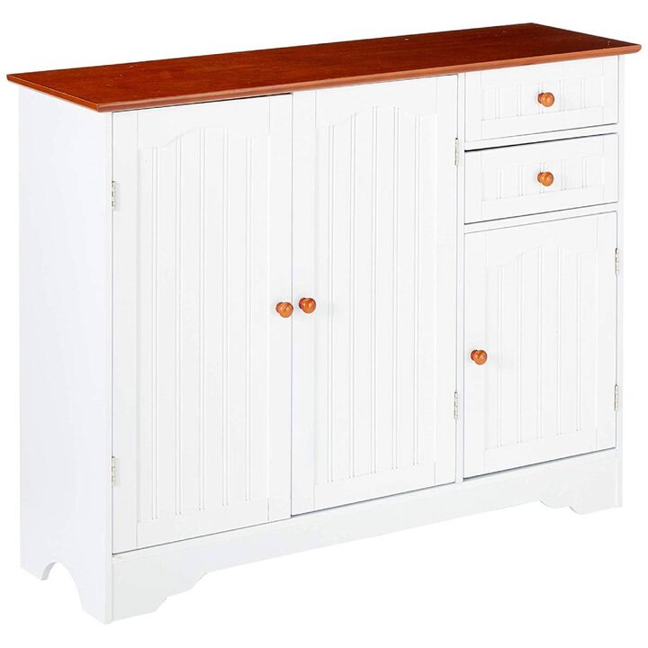 QuikFurn White Wood Sideboard Buffet Cabinet with Walnut Finish Top and Knobs