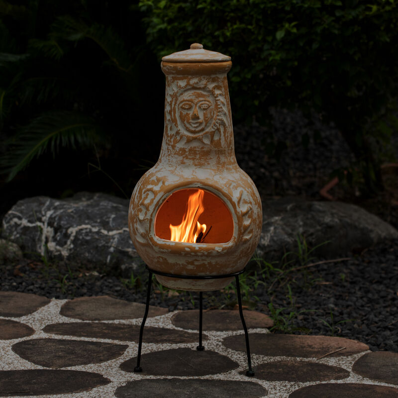 Outdoor Clay Chiminea Fireplace Sun Design Wood Burning Fire Pit with Sturdy Metal Stand, Barbecue, Cocktail Party, Cozy Nights Fire Pit, Terra Cotta