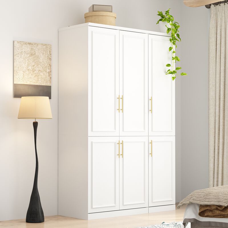 FUFU&GAGA Wardrobe with 6 Doors, Adjustable Shelves, 2 Hanging Rods, and Spacious Storage Drawers – Stylish and Functional Bedroom Storage Solution (47.4" W x 19.3" D x 74.8" H),White