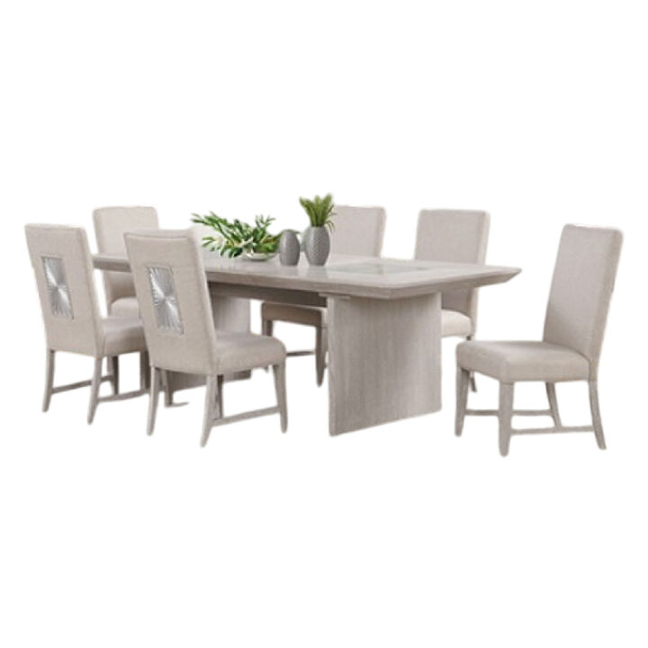 Diaz 7pc Dining Table Set, Extendable Leaf, 6 Fabric Chair, Gray Wood - Benzara